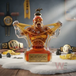 A dynamic wrestler bottle resting on a soft white surface with wrestling themed decor behind it!