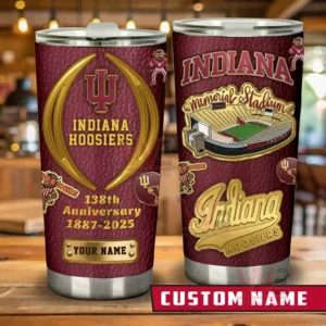 Pair of Indiana Hoosiers custom name tumblers in maroon and gold featuring memorial stadium artwork and 138th anniversary 1887 to 2025 design on a tabletop!