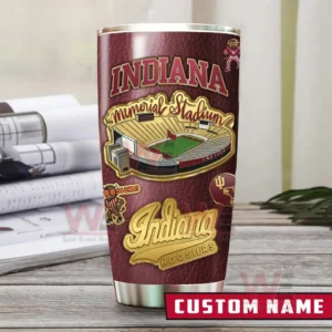Indiana Hoosiers tumbler with memorial stadium artwork and gold Indiana lettering displayed upright on a desk with a custom name label visible!