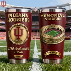 Indiana Hoosiers anniversary tumbler set with team logo stadium artwork and classic collegiate spirit showcased on a football field!