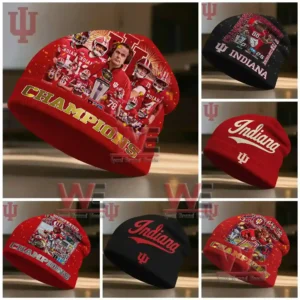 Collage of Indiana Hoosiers beanies showing championship graphics team logos and various red and black designs!