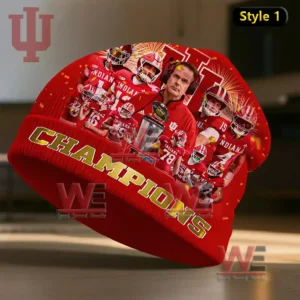 Red Indiana Hoosiers beanie featuring football players trophy graphics and champions text!