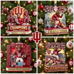 Four Indiana Hoosiers ornaments featuring players and the mascot with trophies and festive decorations celebrating the twenty twenty five Big Ten championship.