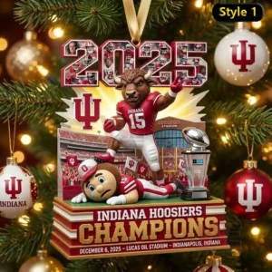 Indiana Hoosiers 2025 Big Ten Champions Christmas Ornament 7 Indiana Hoosiers mascot in red standing over a rival with a trophy and the year twenty twenty five displayed above.