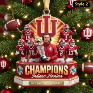 Indiana Hoosiers 2025 Big Ten Champions Christmas Ornament 8 Indiana Hoosiers coach holding a trophy with players surrounding him in a festive ornament celebrating the twenty twenty five Big Ten title.
