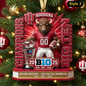 Indiana Hoosiers 2025 Big Ten Champions Christmas Ornament 9 Indiana Hoosiers mascot holding a trophy with bright red decorative elements and Big Ten championship details including the year twenty twenty five.