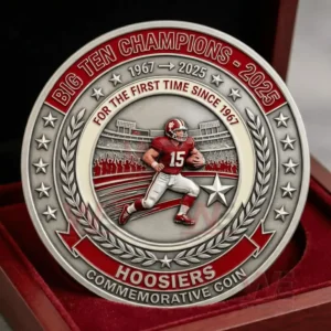 Indiana Hoosiers Big Ten champions commemorative coin with player artwork stars laurel details and red accents displayed in a presentation box!