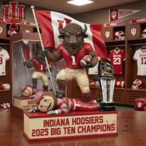 Indiana Hoosiers collectible bison mascot figure holding a flag and football standing on a rival character beside a trophy with Big Ten Champions base text in a locker room.