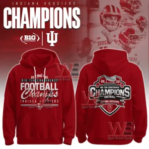 Red Indiana Hoosiers hoodie with front and back championship graphics celebrating the 2025 Big Ten football title!
