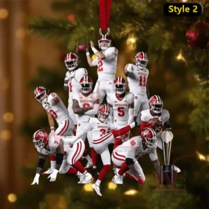 Indiana Hoosiers players in white uniforms posed in mid air near a trophy with a festive tree behind them.