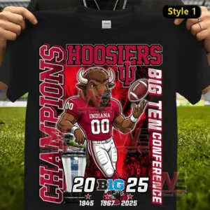 Black Indiana Hoosiers 2025 champions shirt with mascot football graphics and bold red lettering!