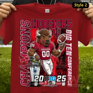 Red Indiana Hoosiers 2025 champions shirt with mascot football imagery trophy graphic and final score details!
