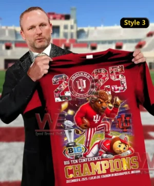 Red Indiana Hoosiers 2025 champions shirt with large 2025 graphic mascot artwork and trophy illustration!