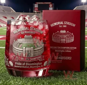 Indiana Hoosiers 2025 Big Ten champions whiskey glass with Memorial Stadium engraving and matching box on the field!