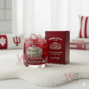 Indiana Hoosiers whiskey glass with Memorial Stadium design and matching box displayed in a bright room!