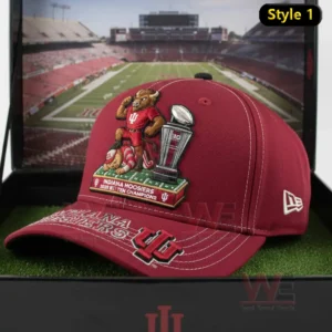 A red Indiana Hoosiers cap with an embroidered mascot and trophy design celebrating the twenty twenty five Big Ten championship!