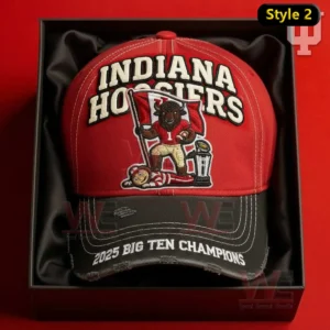 A red Indiana Hoosiers cap with a cartoon player flag trophy embroidery and a black brim labeled twenty twenty five Big Ten champions!