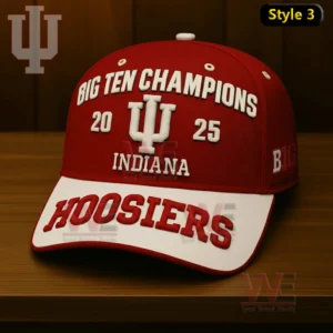 A red and white Indiana Hoosiers cap with prominent championship lettering and a bold Hoosiers brim!