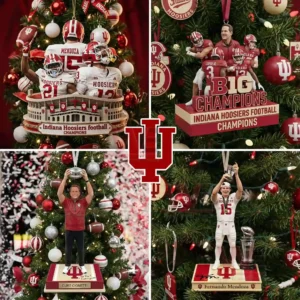 A group of Indiana Hoosiers championship ornaments placed on a Christmas tree with players coaches and trophy designs!