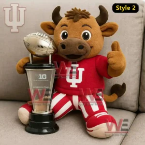 Indiana Hoosiers 2025 Big Ten Football Champions Plush Pillow 3 Plush Indiana Hoosiers mascot holding a Big Ten trophy and giving a thumbs up on a couch!