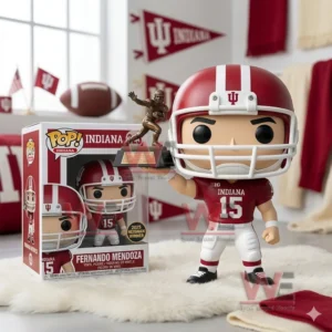 Football player collectible figure with helmet and trophy next to a branded box in a sports themed interior!
