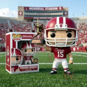 Indiana Hoosiers 2025 Heisman Trophy Champion Pop Vinyl Figure 3 Football player collectible figure standing on grass with a stadium and crowd in the background!