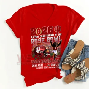A red V neck Indiana Hoosiers Rose Bowl twenty twenty six shirt displayed with sandals and denim shorts!