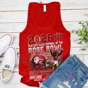 A red Indiana Hoosiers Rose Bowl twenty twenty six tank top displayed with sneakers and denim shorts!
