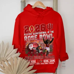 A red Indiana Hoosiers Rose Bowl twenty twenty six hoodie with helmet mascot and stadium graphics hanging on a wooden hanger!