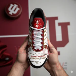 Top down view of an Indiana Hoosiers inspired sneaker with white laces red tongue and detailed mascot artwork on the upper!