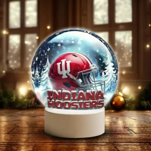 Indiana Hoosiers LED Snow Globe Night Light Christmas Ornament 6 Snow globe style display featuring an Indiana Hoosiers helmet on a white base in a winter scene!