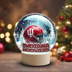 Indiana Hoosiers LED Snow Globe Night Light Christmas Ornament 7 Holiday themed snow globe with Indiana Hoosiers helmet on a white base near Christmas decorations!