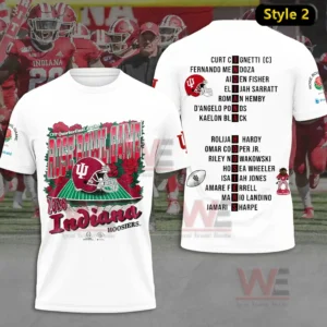 Indiana Hoosiers Football 2026 Rose Bowl 3D Apparel Shirt 6 Back view of a white football shirt featuring player names and a helmet symbol!