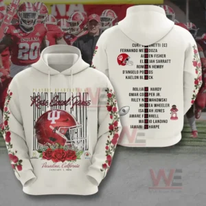 Indiana Hoosiers Football 2026 Rose Bowl 3D Apparel Shirt 7 White hoodie with red football helmet and rose themed artwork on the front!