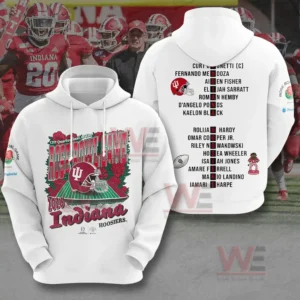 Indiana Hoosiers Football 2026 Rose Bowl 3D Apparel Shirt 8 Back view of a white hoodie showing player names and a football helmet icon!