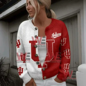 Two tone red and white Indiana Hoosiers cardigan with multiple team logos and button front design!