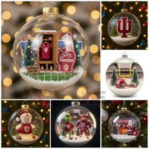 Assorted Indiana Hoosiers themed Christmas ball ornaments each featuring different miniature festive scenes inside clear globes.