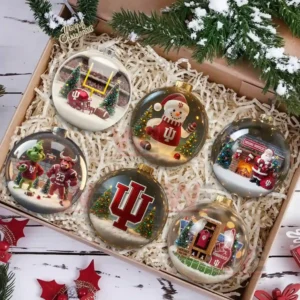 Indiana Hoosiers Football Christmas Ornament 9 A boxed set of six Indiana Hoosiers Christmas ornaments each with a different festive scene inside.