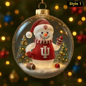 Indiana Hoosiers Football Christmas Ornament 10 Indiana Hoosiers snowman inside a clear ornament with trees and football accents.