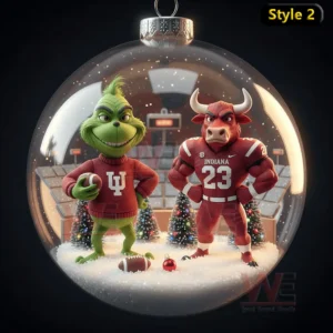 Indiana Hoosiers Football Christmas Ornament 11 Green character and Indiana Hoosiers mascot inside a clear ornament with snowy scenery and football decorations.