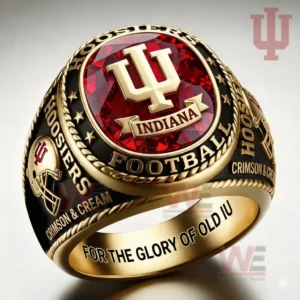 Indiana Hoosiers football ring with gold tone red gemstone style center raised IU logo Indiana banner Hoosiers Football lettering star details helmet graphic and inner band text For The Glory Of Old IU!