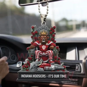 Car rearview mirror ornament of a crowned bull mascot in Indiana Hoosiers red sitting on a rose covered throne above a base that reads Indiana Hoosiers Its Our Time!