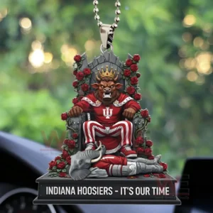 Indiana Hoosiers Football Its Our Time 3D Car Ornament 5 Crowned bull mascot Indiana Hoosiers hanging ornament on a rose decorated throne with Indiana Hoosiers Its Our Time text and a blurred green background!