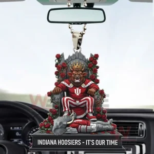 Indiana Hoosiers Football Its Our Time 3D Car Ornament 6 Indiana Hoosiers rearview mirror ornament with a crowned bull mascot on a rose covered throne and a base reading Indiana Hoosiers Its Our Time inside a car!
