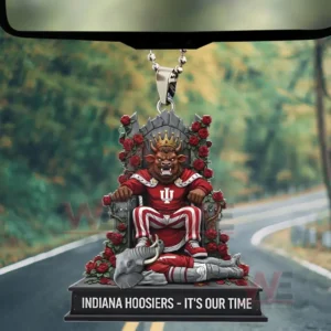 Indiana Hoosiers Football Its Our Time 3D Car Ornament 7 Hanging Indiana Hoosiers ornament with a crowned bull mascot on a rose covered throne and Indiana Hoosiers Its Our Time base text in front of a blurred forest road!