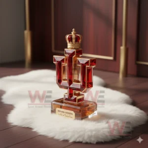 Indiana Hoosiers Glory Of Tradition Whiskey Bottle 3 Letter shaped red whiskey bottle with golden crown displayed on white fur in a classic elegant space!