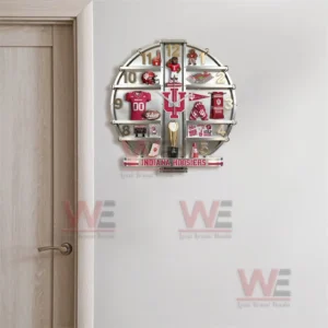 Indiana Hoosiers Home Decorative 3D Wall Clock 6 Indiana Hoosiers themed wall clock hanging near a door highlighting decorative impact and team pride!