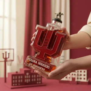 Hands holding a red letter shaped whiskey bottle with a university theme!