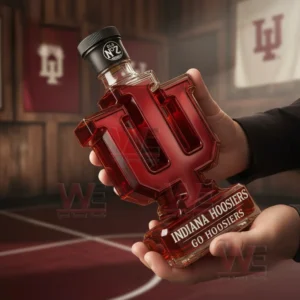 Hands holding a red letter shaped whiskey bottle in a classic sports room!