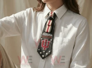 Indiana Hoosiers necktie worn with a white shirt showcasing red white stripe design pearl studs and IU logo in a clean lifestyle setting!